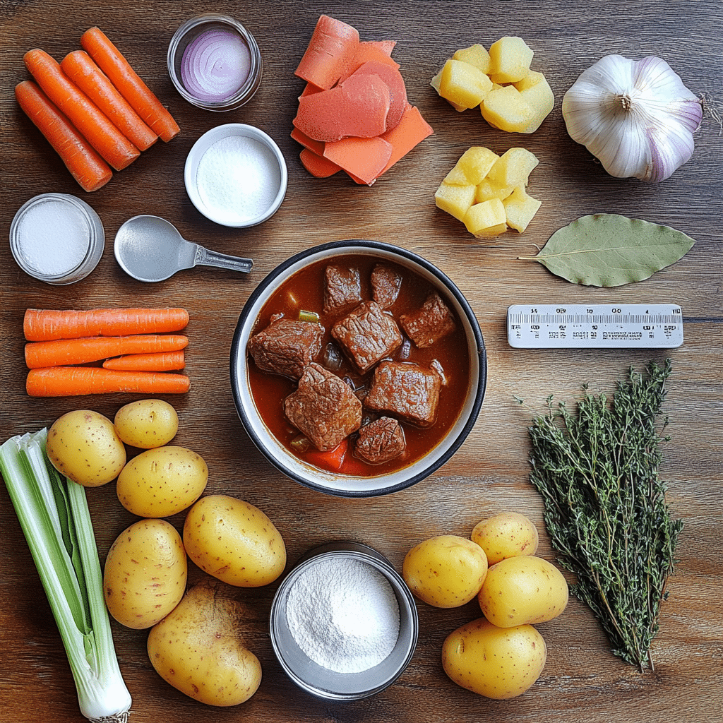 Ingredients for beef stew including beef, potatoes, carrots, broth, and seasonings