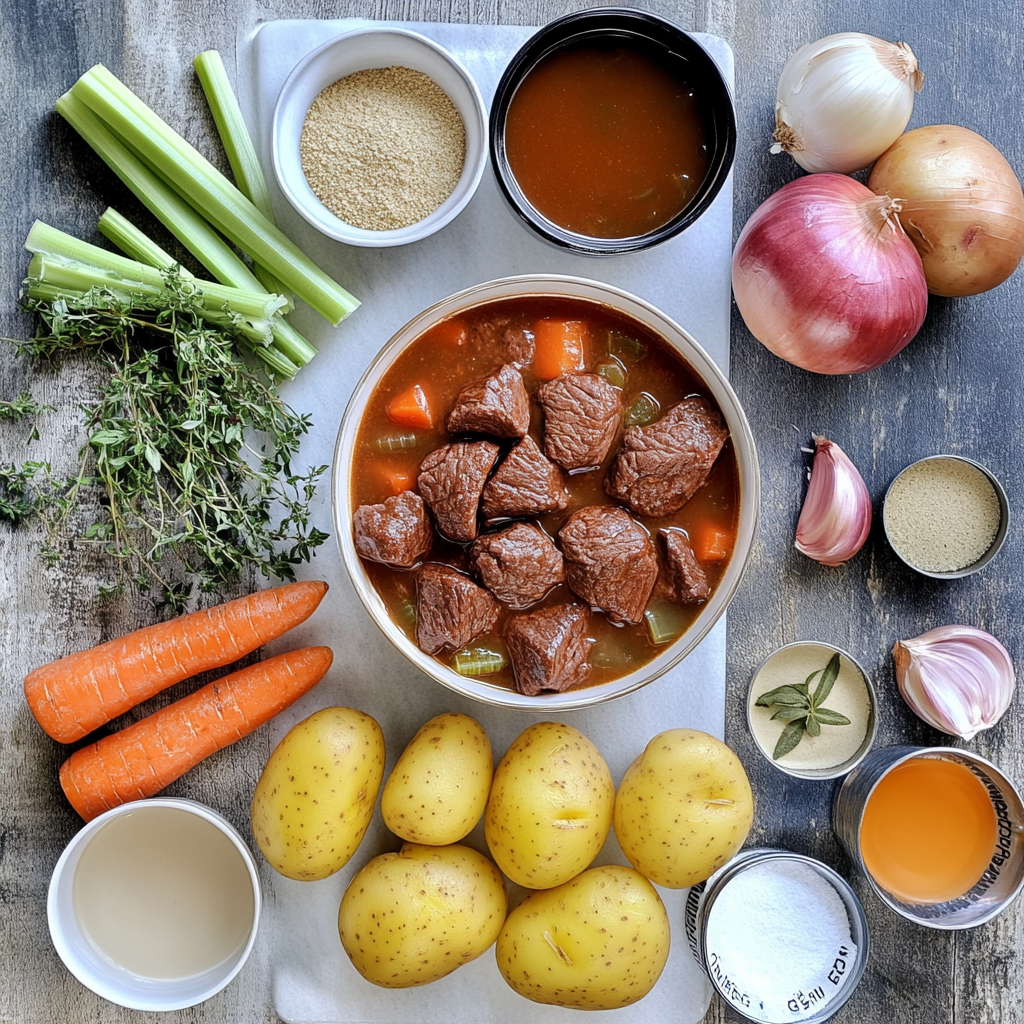 Ingredients for beef stew including beef, potatoes, carrots, broth, and seasonings