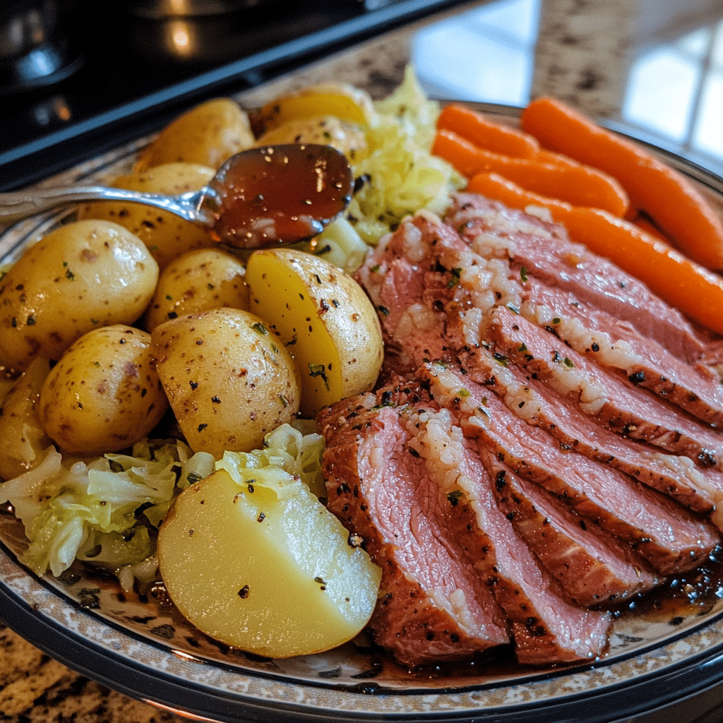 Sliced corned beef with cabbage carrots and potatoes