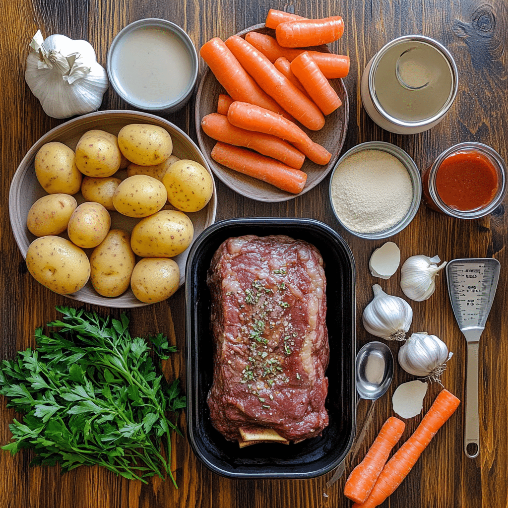 Ingredients for slow cooker pot roast including chuck roast, potatoes, carrots, broth, and seasonings