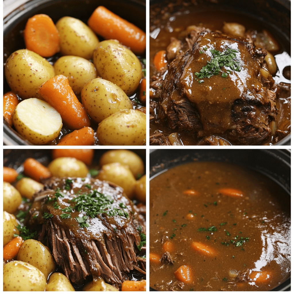 Four-step collage showing searing roast, adding veggies, pouring broth, and finished pot roast