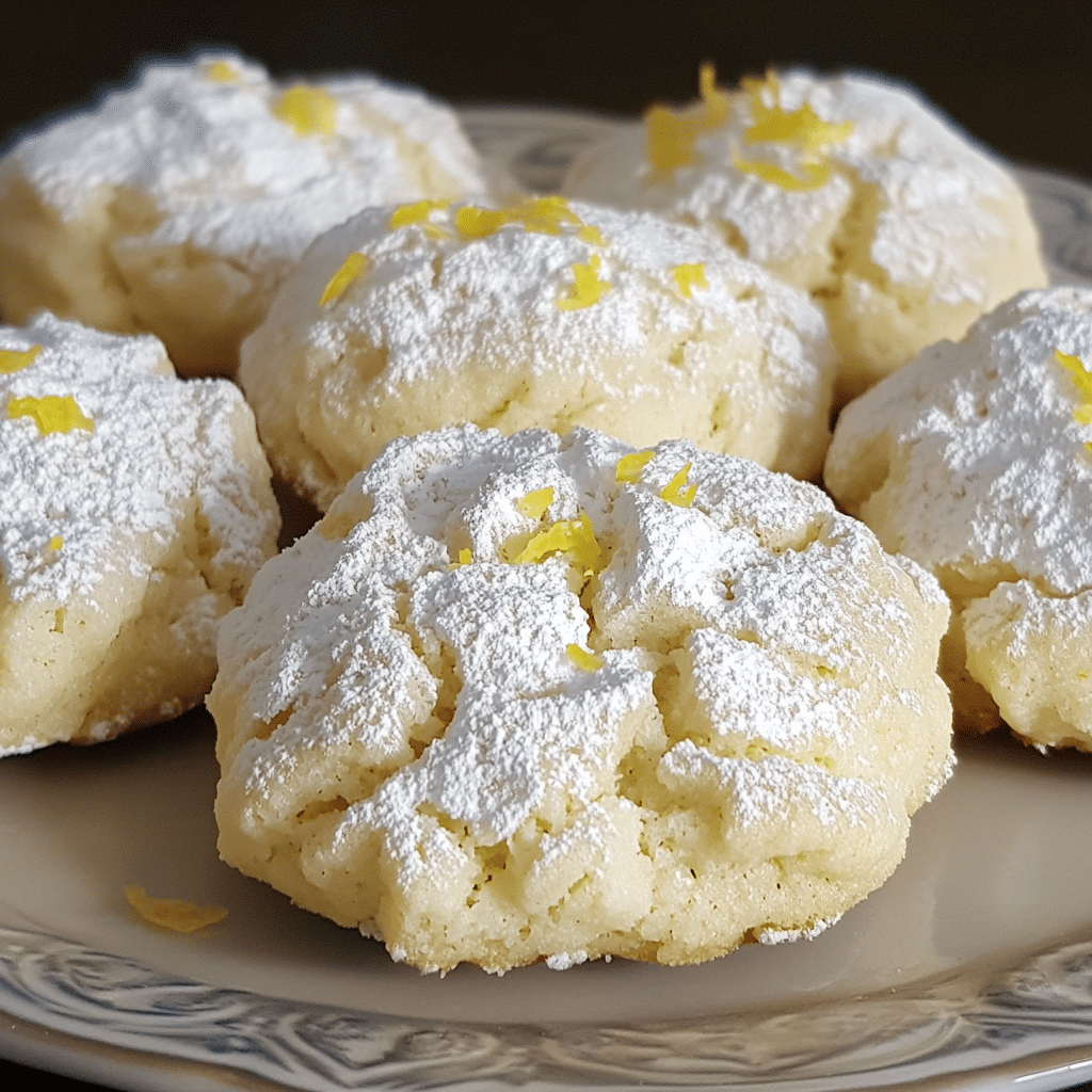 Lemon crinkle cookies dusted with powdered sugar on a plate