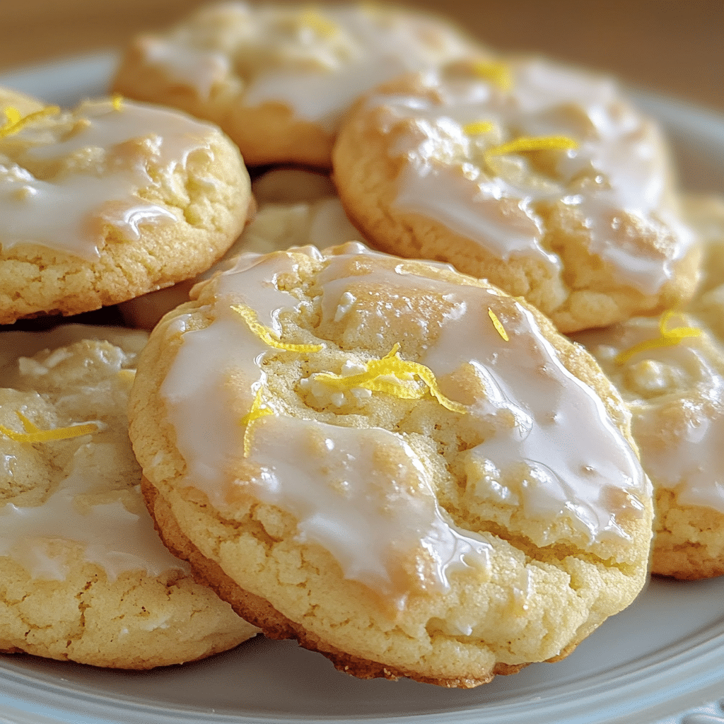 Lemon ricotta cookies with lemon glaze and lemon zest on a plate