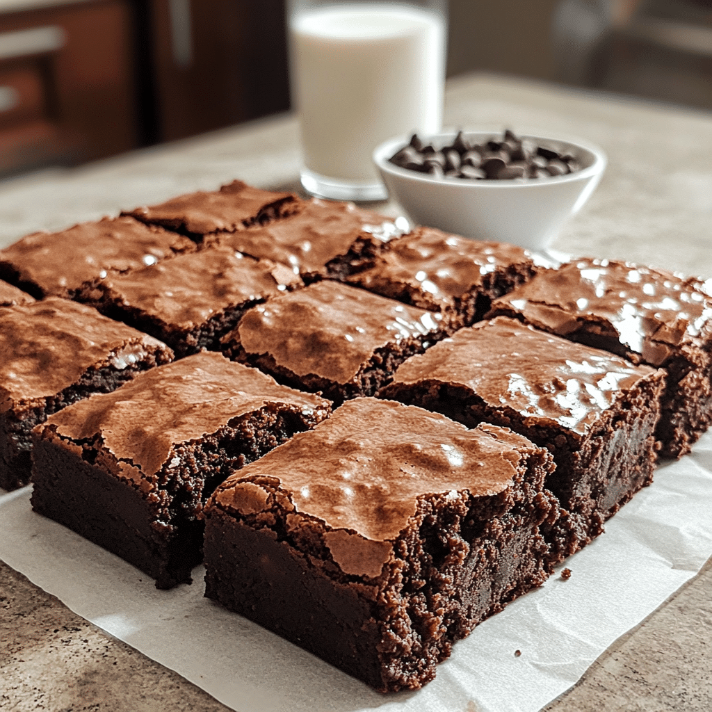 Squares of fudgy sourdough brownies with shiny crackly tops on parchment paper