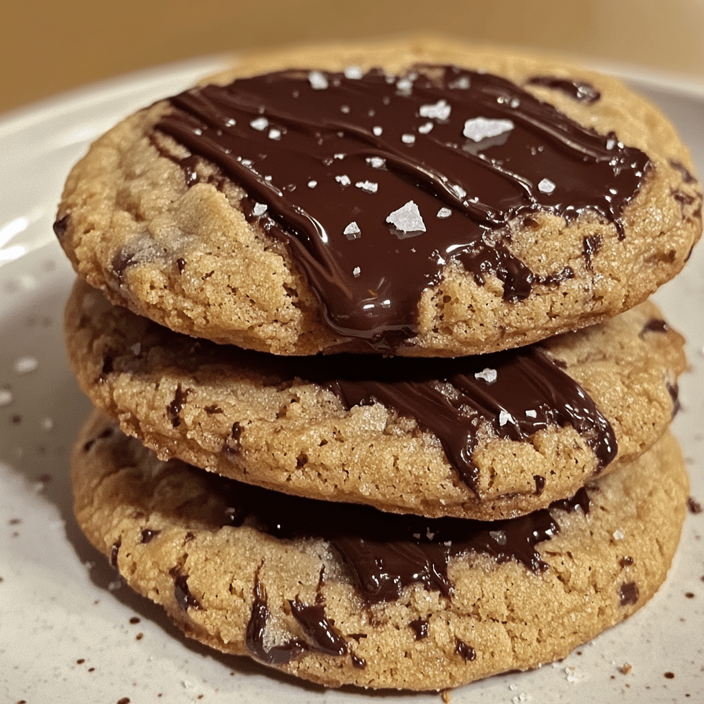 Stack of sourdough chocolate chip cookies with melted chocolate and flaky salt