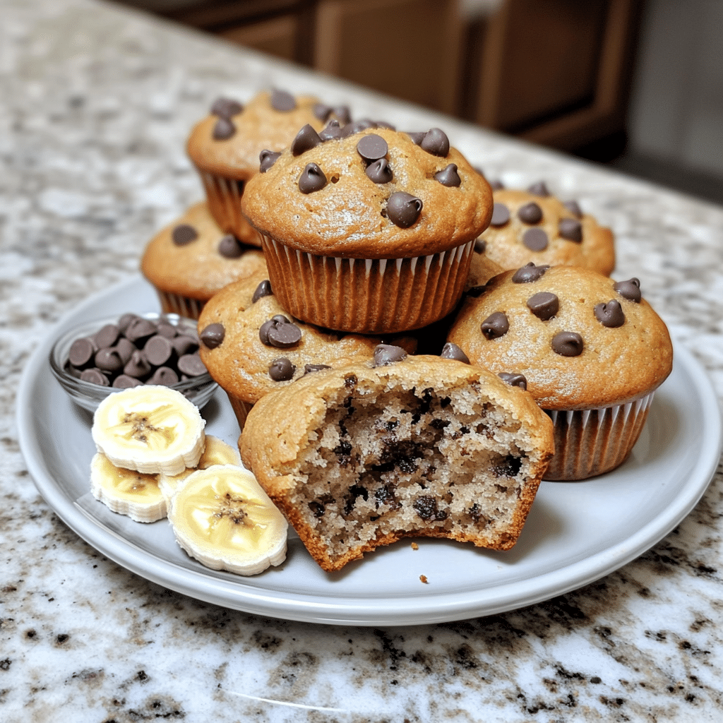 Plate of sourdough discard banana muffins with one muffin split open to show moist texture