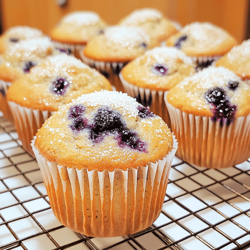 Sourdough discard blueberry muffins with domed tops and blueberries
