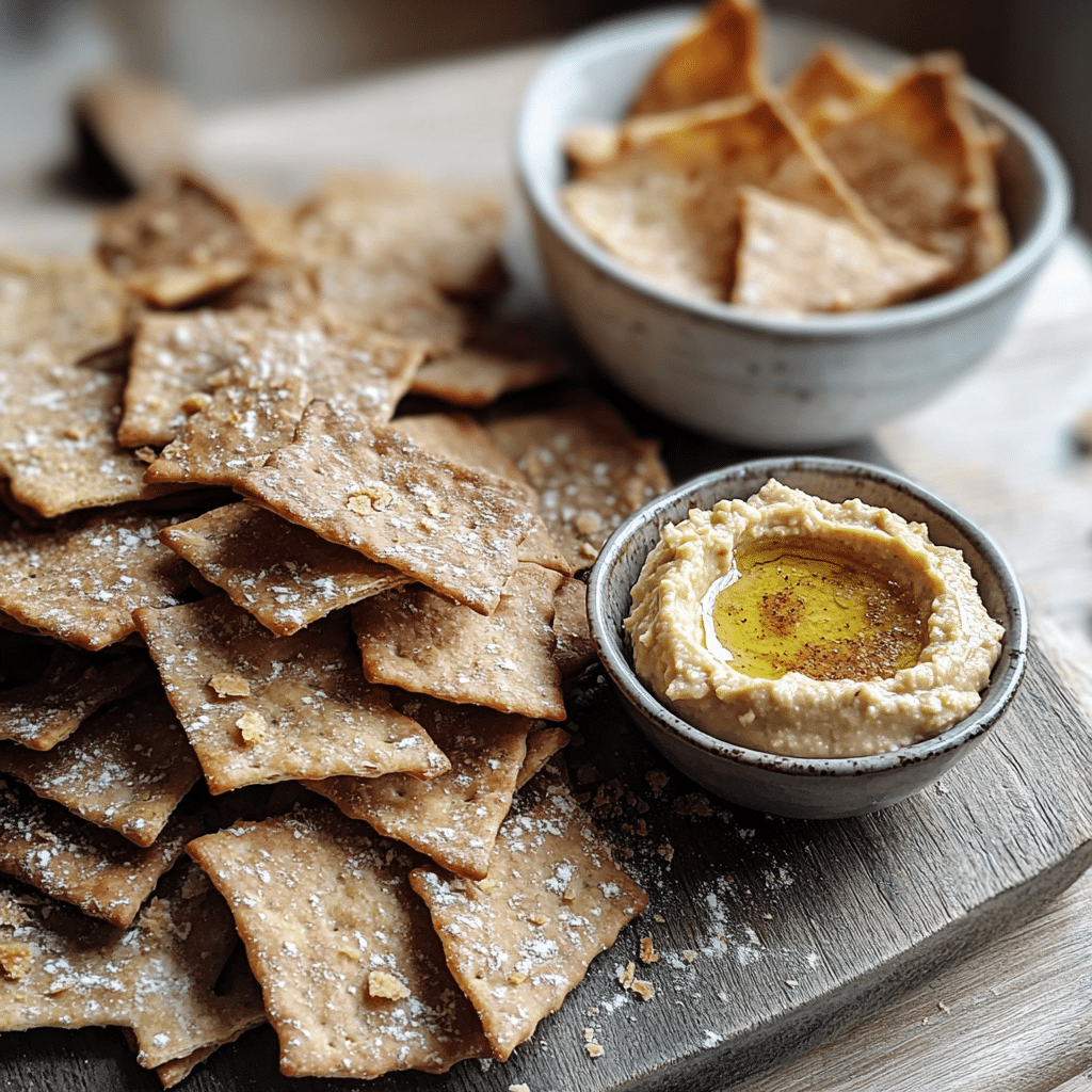 Bowl of thin sourdough discard crackers with hummus on a wooden board