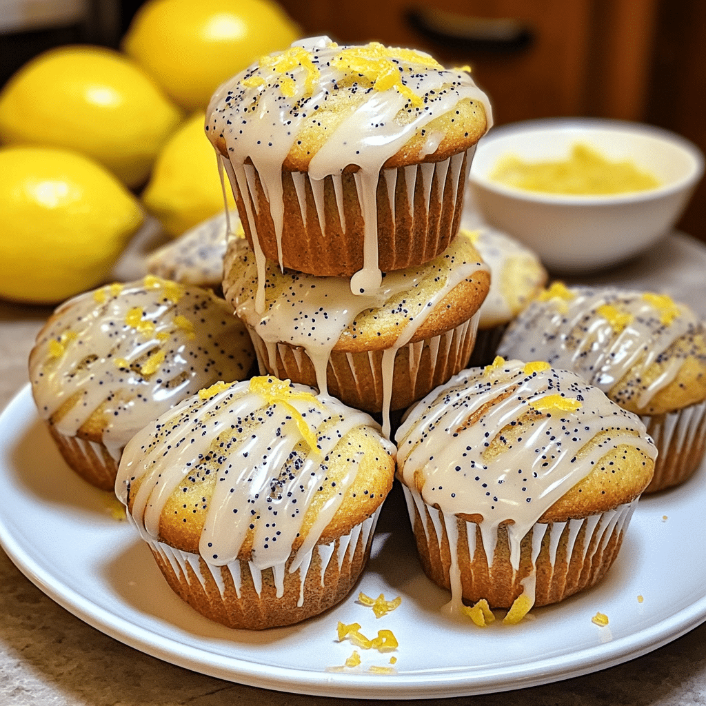 Stack of sourdough lemon poppy seed muffins with lemon glaze on a plate