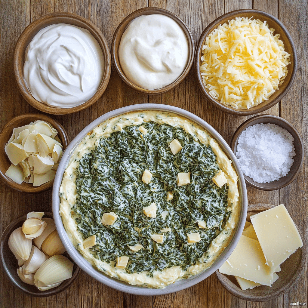 Ingredients for spinach artichoke dip including cream cheese, spinach, artichokes, mozzarella, and parmesan