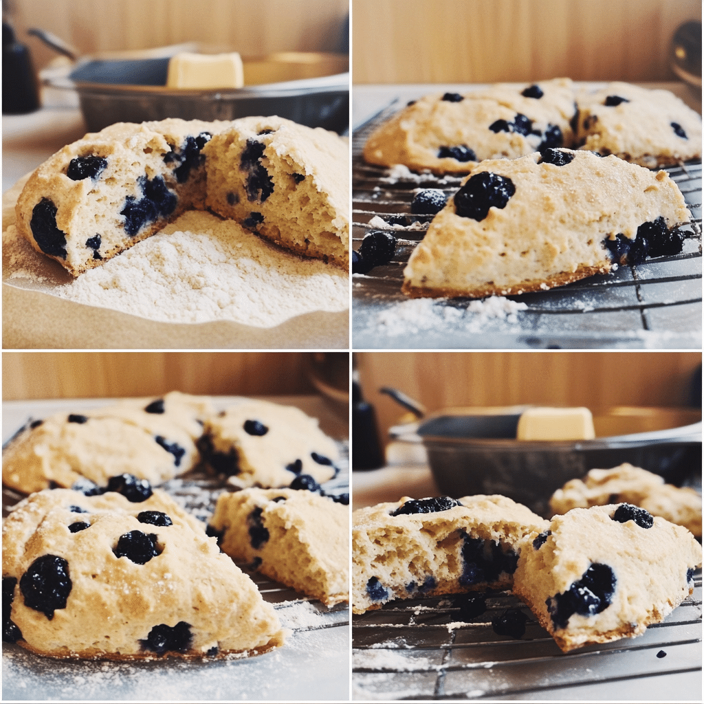 Four-panel collage of mixing, shaping, cutting, and baking blueberry sourdough scones