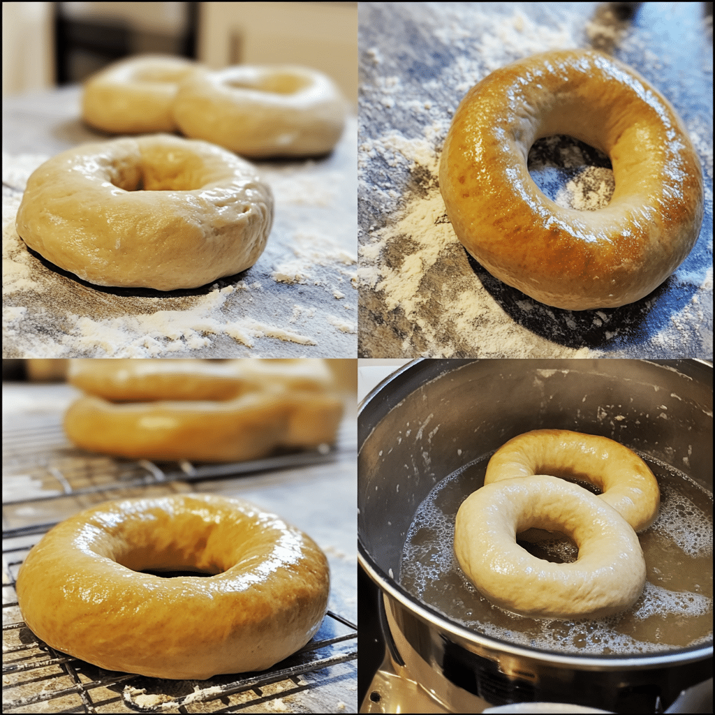 Four-panel collage showing steps to make homemade bagels from shaping to boiling and baking