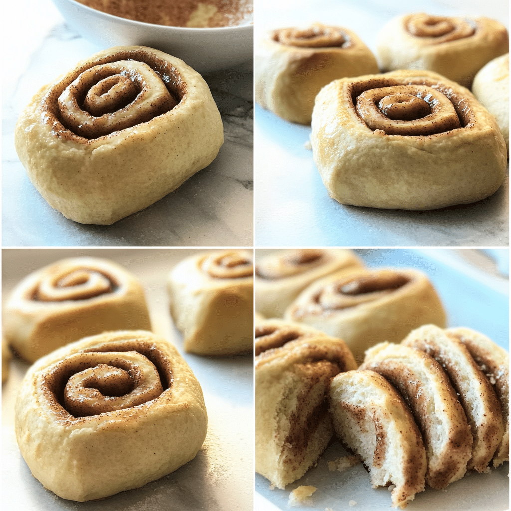 Four-panel collage showing steps to make sourdough cinnamon rolls from dough to sliced rolls in pan