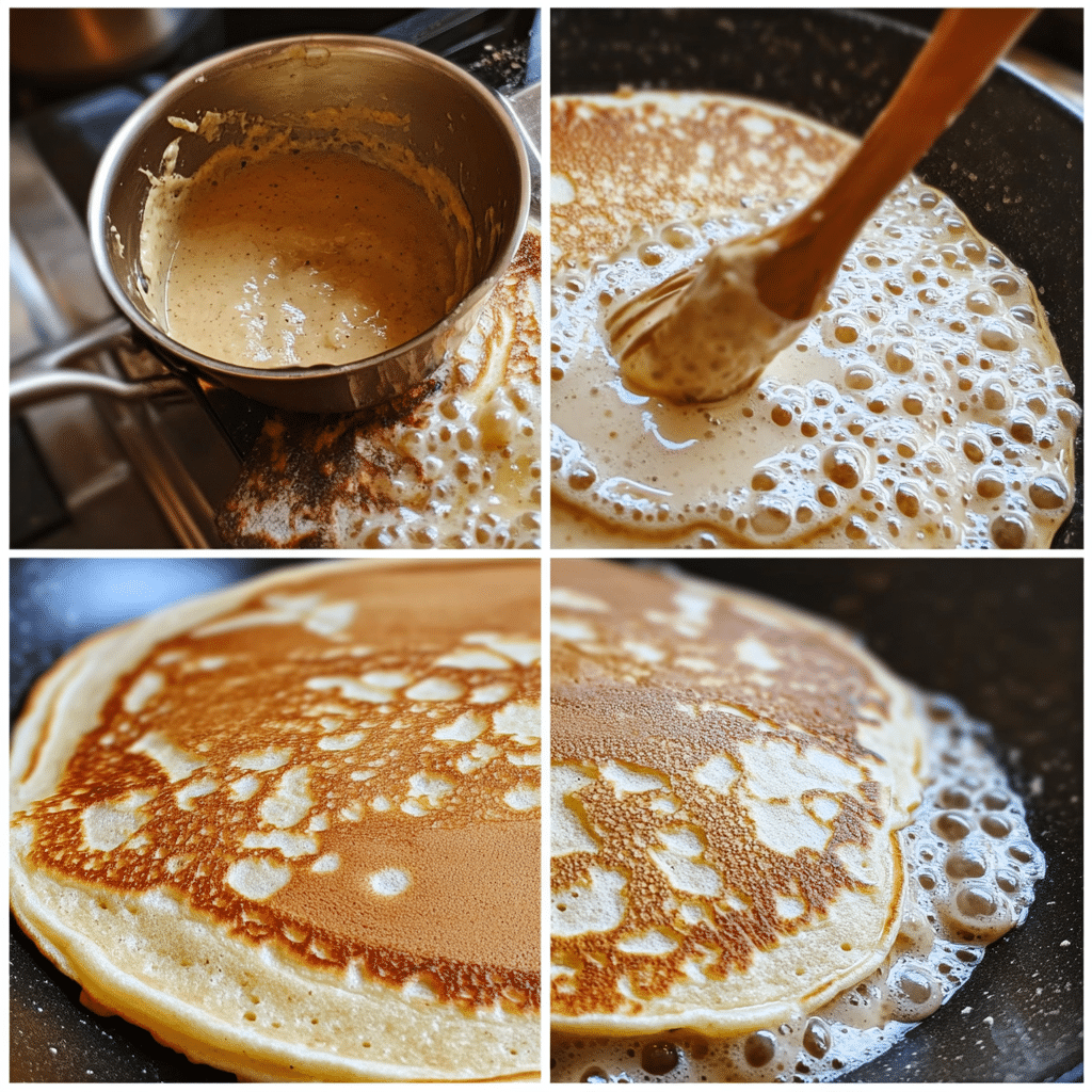 Four-panel collage of making sourdough discard pancakes from mixing to flipping