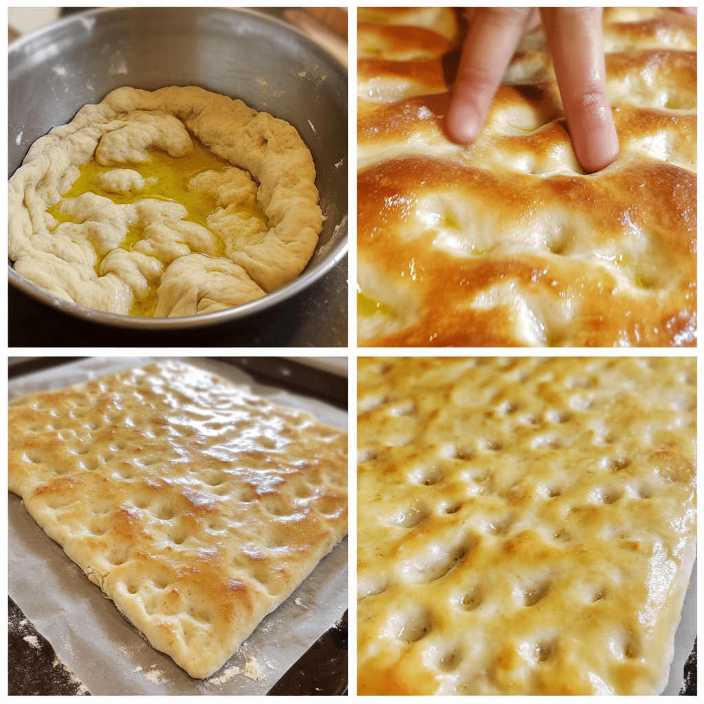 Four-panel collage showing steps for sourdough focaccia from dough to dimpling to baked bread