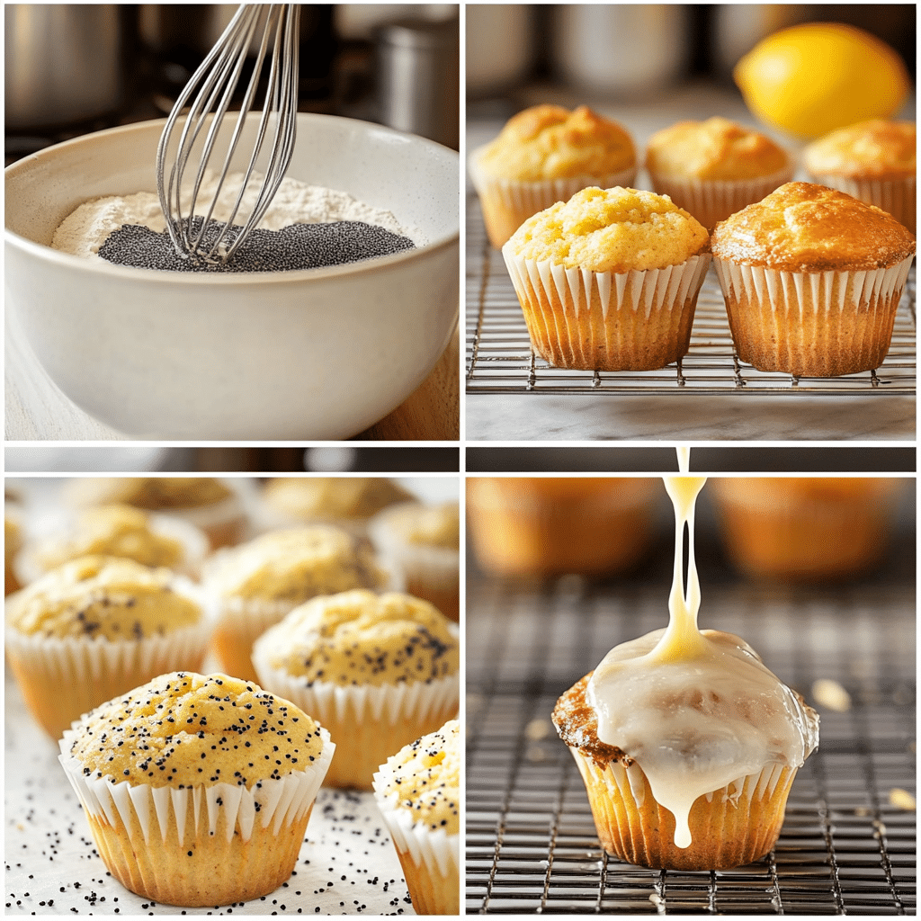 Four-panel collage of mixing, filling the tin, baking, and glazing sourdough lemon poppy seed muffins