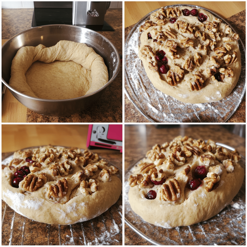 Four-panel collage of making walnut cranberry sourdough bread from mixing to baked loaf