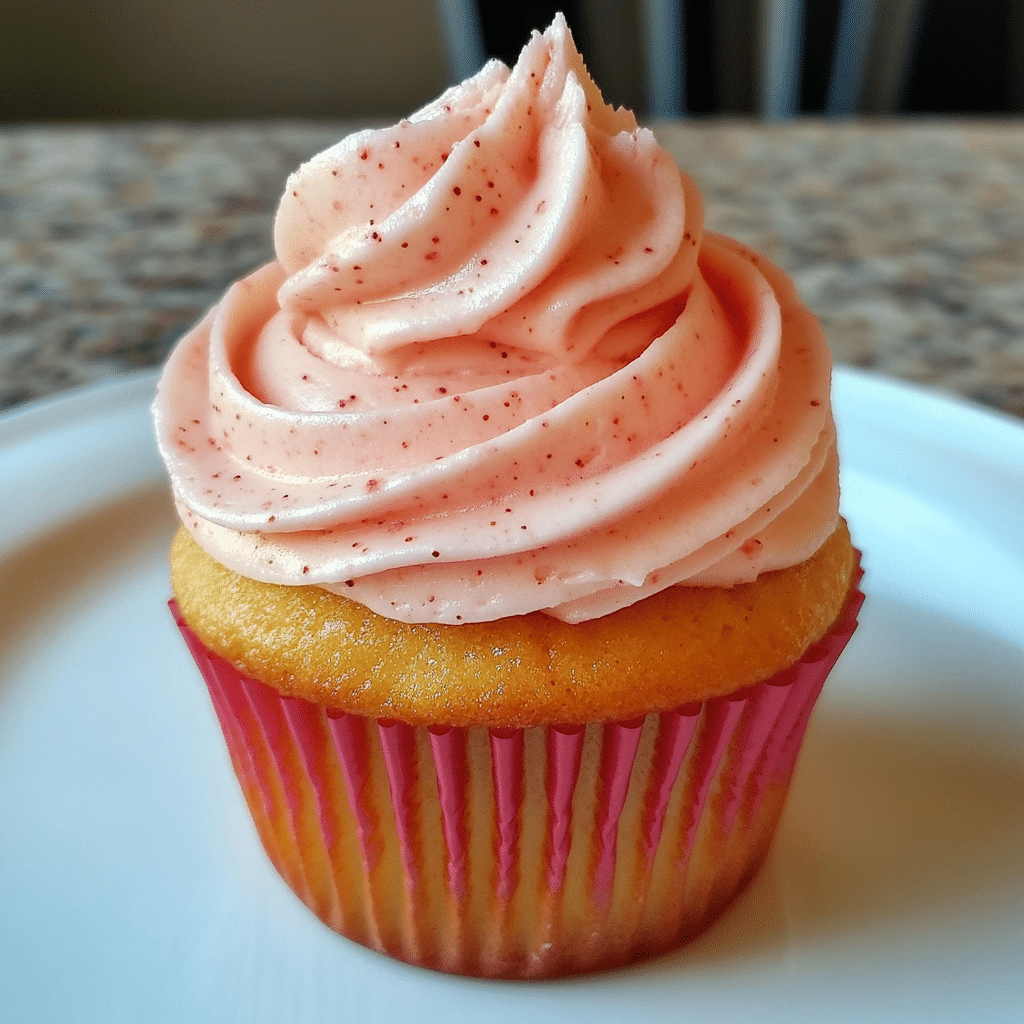 Swirl of strawberry buttercream frosting on a cupcake