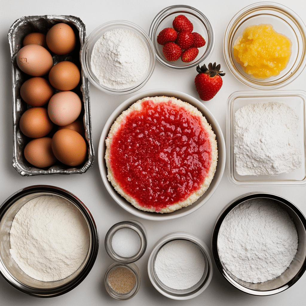Ingredients for strawberry cake including strawberries, flour, butter, eggs, milk, and powdered sugar for frosting