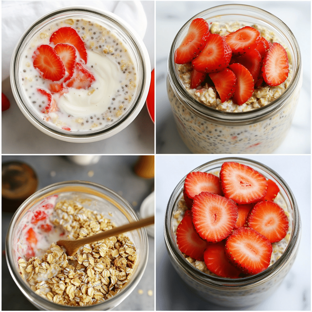 Four-panel collage showing mixing cheesecake base, adding oats, layering with strawberries, and finished jar with graham crumbs