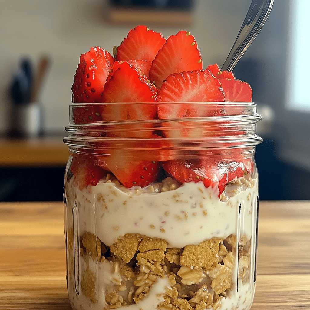 Mason jar of strawberry cheesecake overnight oats topped with sliced strawberries and graham cracker crumbs