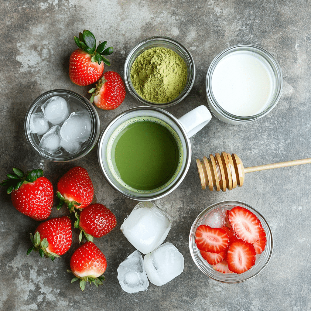 Overhead layout of ingredients for strawberry matcha latte including strawberries, matcha powder, milk, and ice