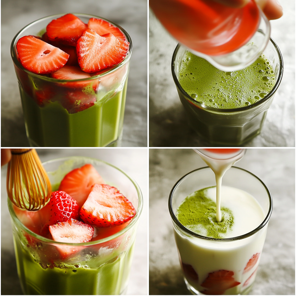 Four-panel collage showing making strawberry puree, whisking matcha, adding milk and ice, and pouring matcha to layer