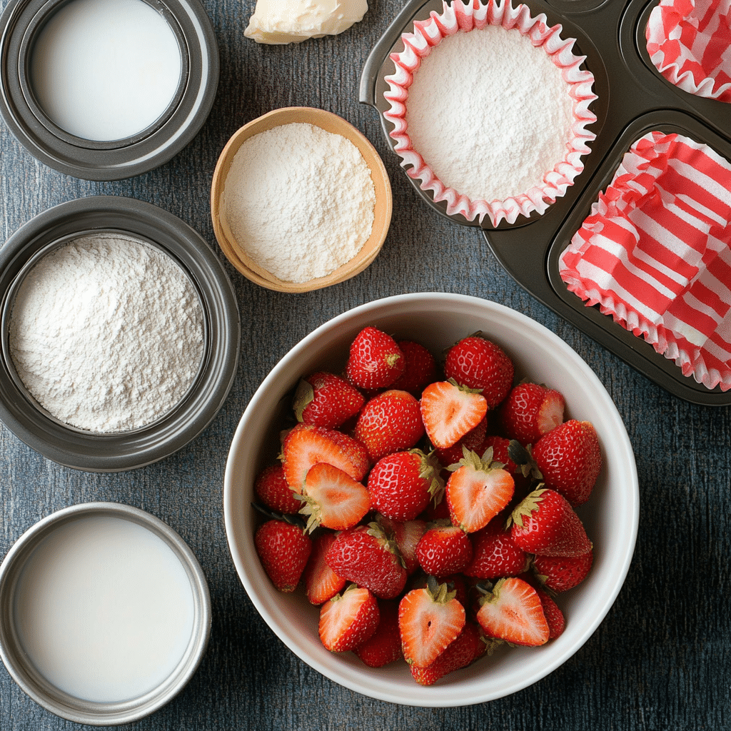 Ingredients for strawberry muffins including flour, sugar, eggs, milk, butter, vanilla, and strawberries