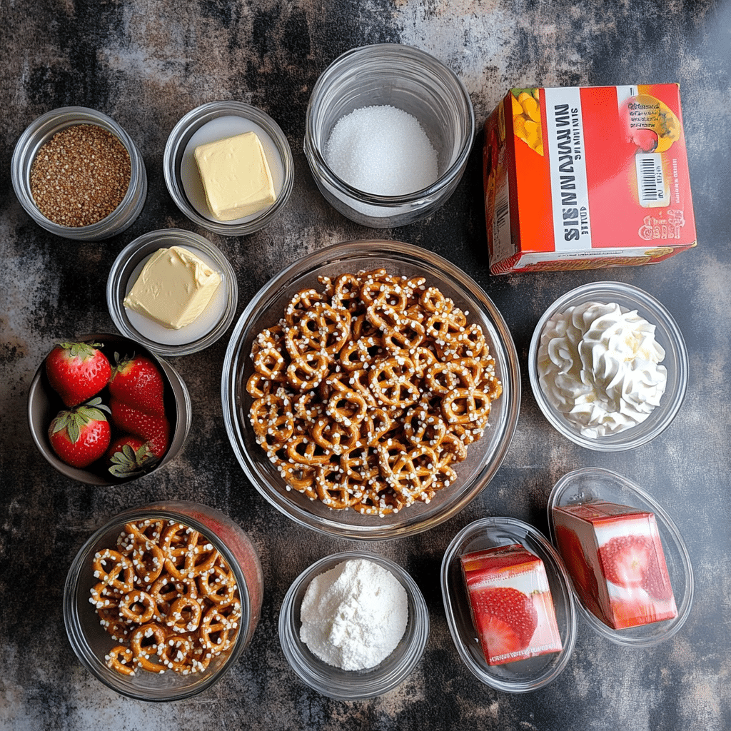 Ingredients for strawberry pretzel salad including pretzels, cream cheese, whipped topping, gelatin, and strawberries