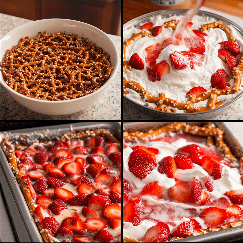 Four panel collage of making strawberry pretzel salad from crust to gelatin topping