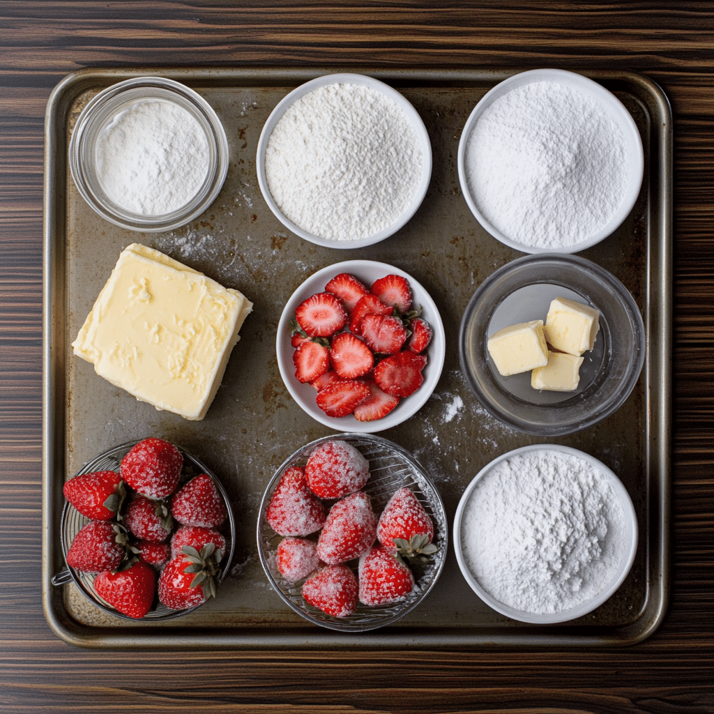 Ingredients for strawberry scones including flour, cold butter, cream, strawberries, and powdered sugar