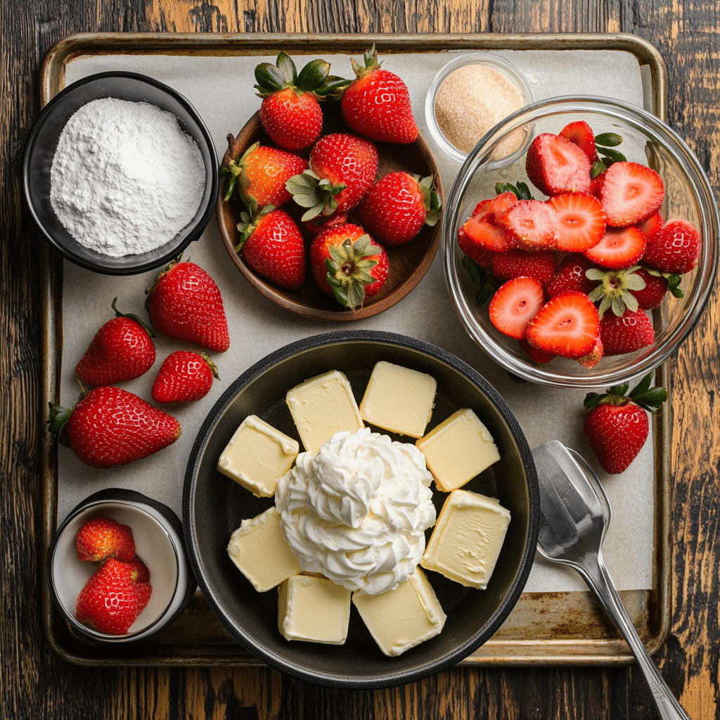 Ingredients for strawberry shortcake including strawberries, shortcake dough ingredients, and whipped cream ingredients