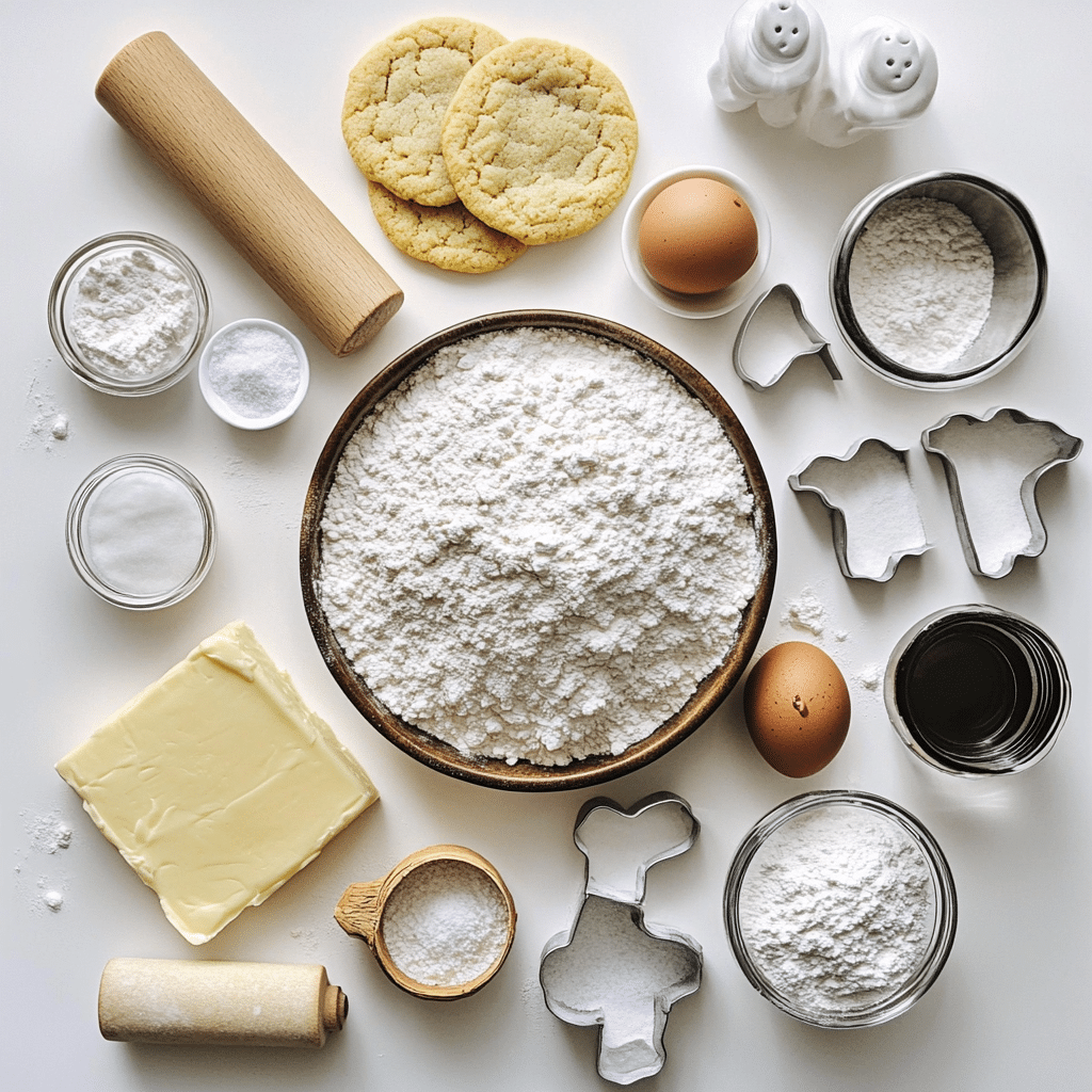 Ingredients for sugar cookies and icing including flour, butter, sugar, eggs, vanilla, and powdered sugar