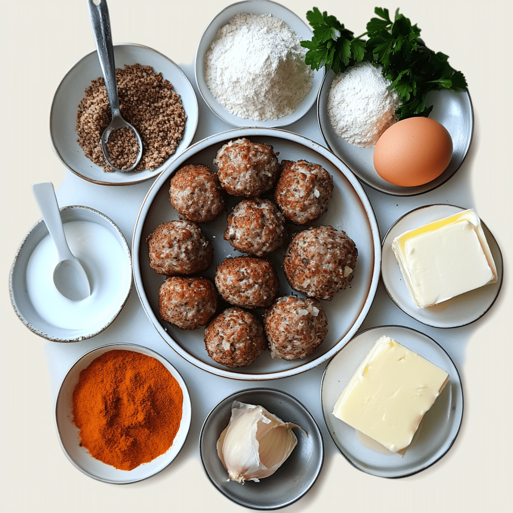 Ingredients for Swedish meatballs including ground beef, ground pork, breadcrumbs, cream, broth, and spices