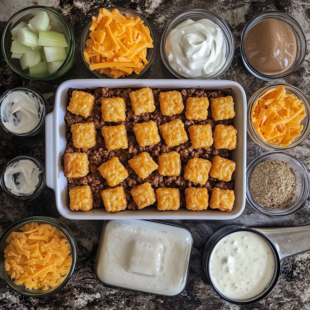 Ingredients for tater tot casserole including ground beef, tater tots, cheese, onion, soup, and sour cream