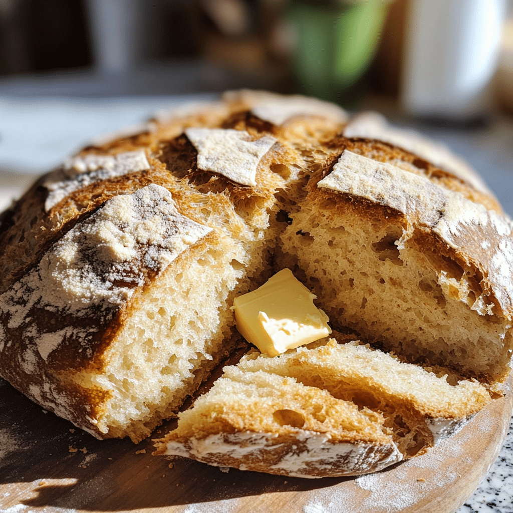 Irish soda bread loaf with cross cut and buttered slices