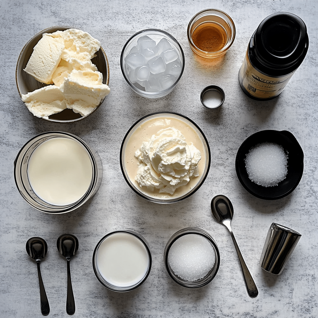 Ingredients for vanilla bean frappuccino including ice, milk, vanilla ice cream, vanilla, and whipped cream