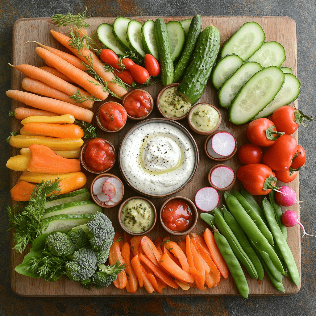 Vegetable platter with dips in the center and assorted fresh vegetables arranged around
