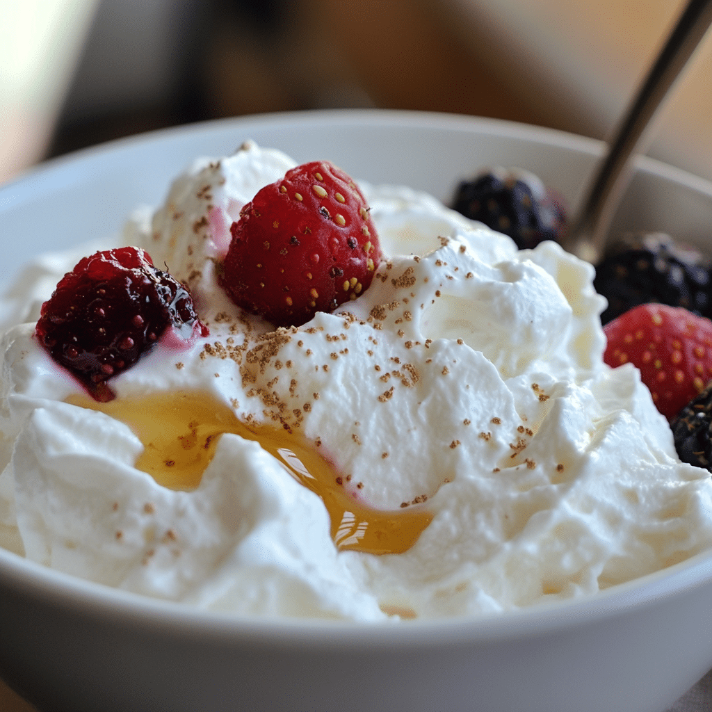 Bowl of fluffy yogurt whipped into airy peaks topped with berries and honey