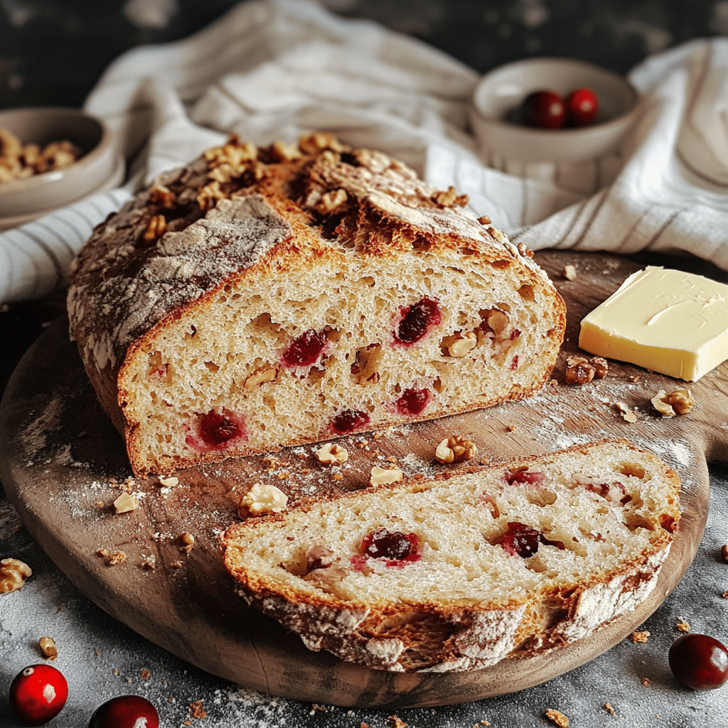 Sliced walnut cranberry sourdough bread on a cutting board