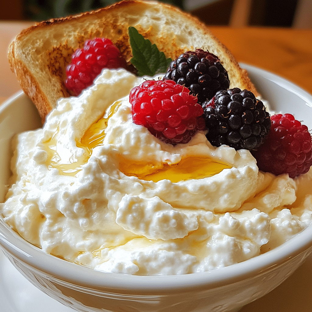 Bowl of whipped cottage cheese topped with honey and berries with toast on the side
