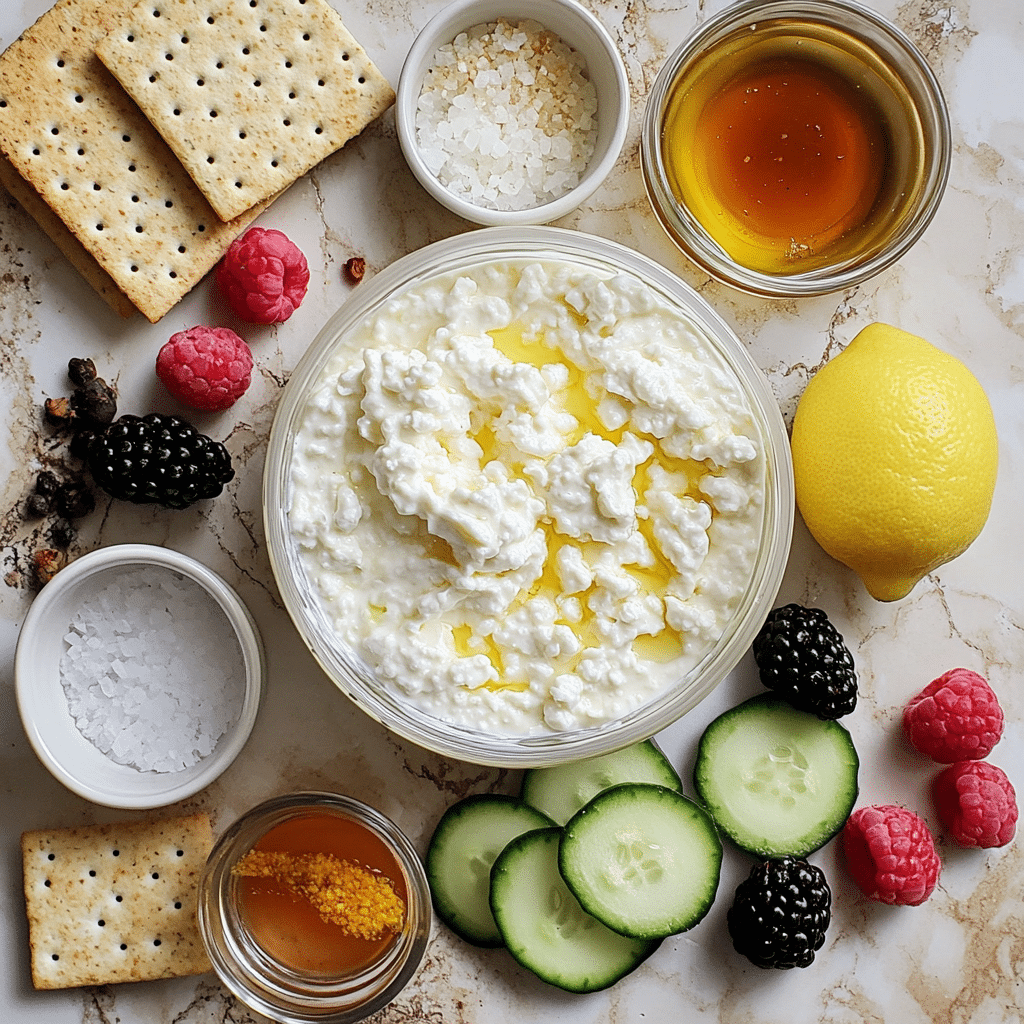 Overhead layout of whipped cottage cheese ingredients including cottage cheese, honey, lemon, and optional savory seasonings