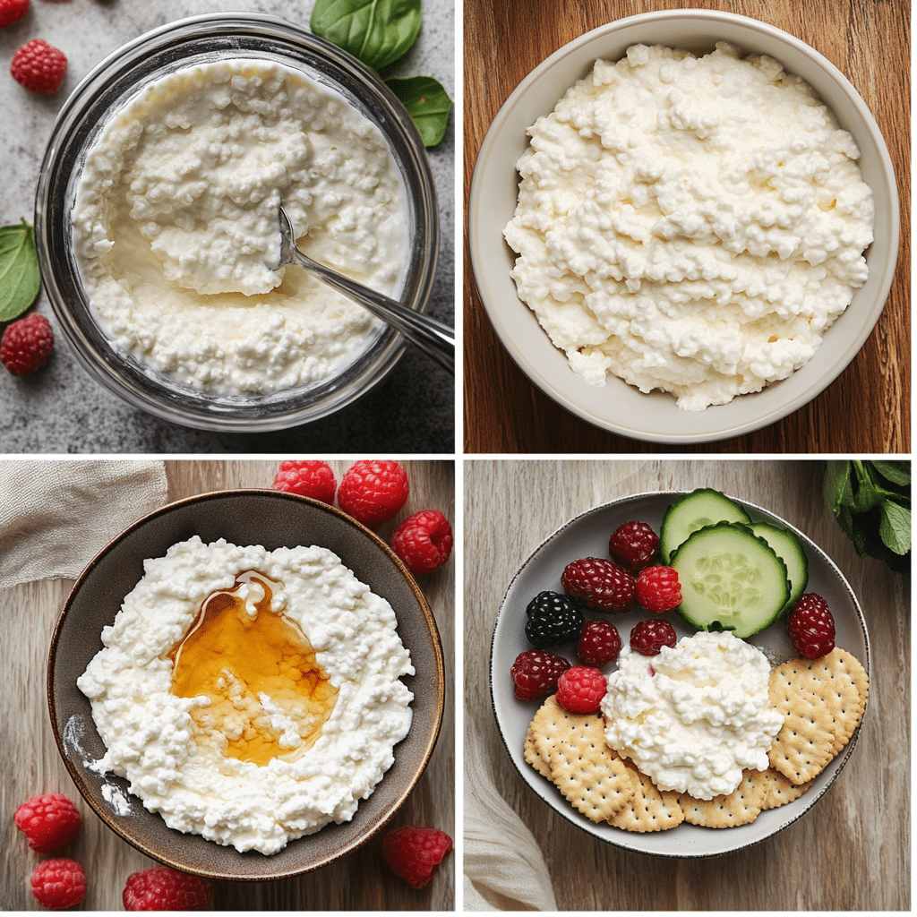 Four-panel collage showing blending cottage cheese, scraping into bowl, and serving with toppings