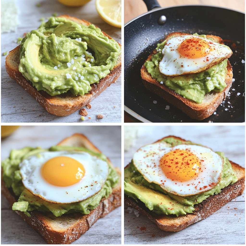 four panel collage showing steps to make avocado toast with egg