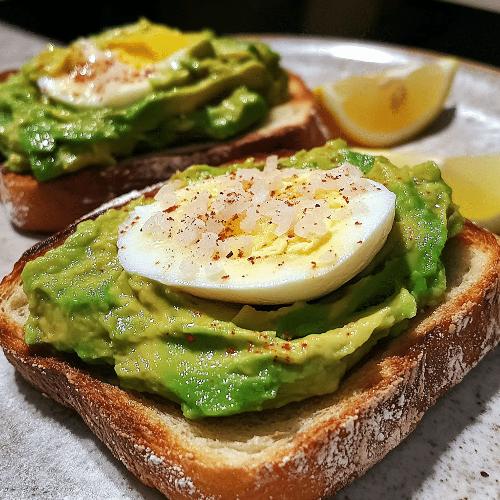 avocado toast with egg on toasted bread with flaky salt and red pepper flakes