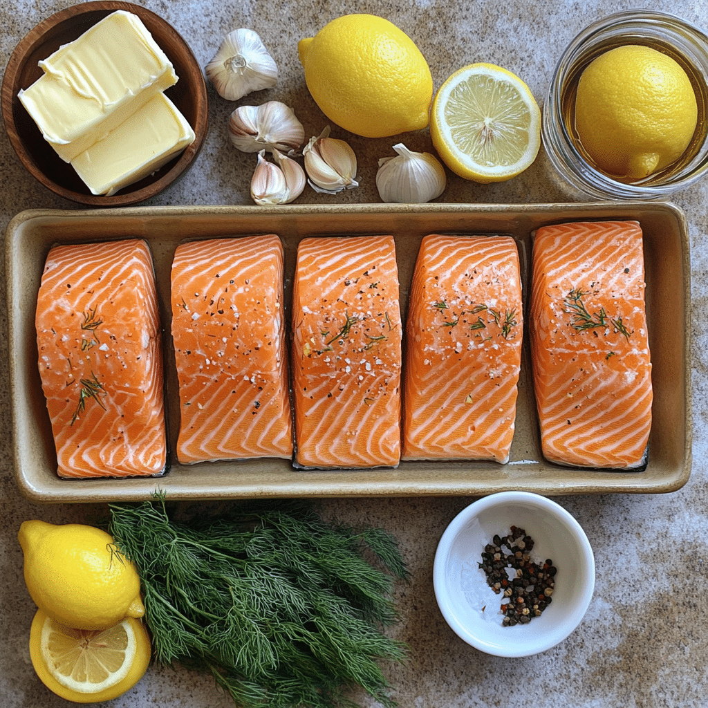 ingredients for baked salmon including salmon lemons dill garlic butter and seasonings
