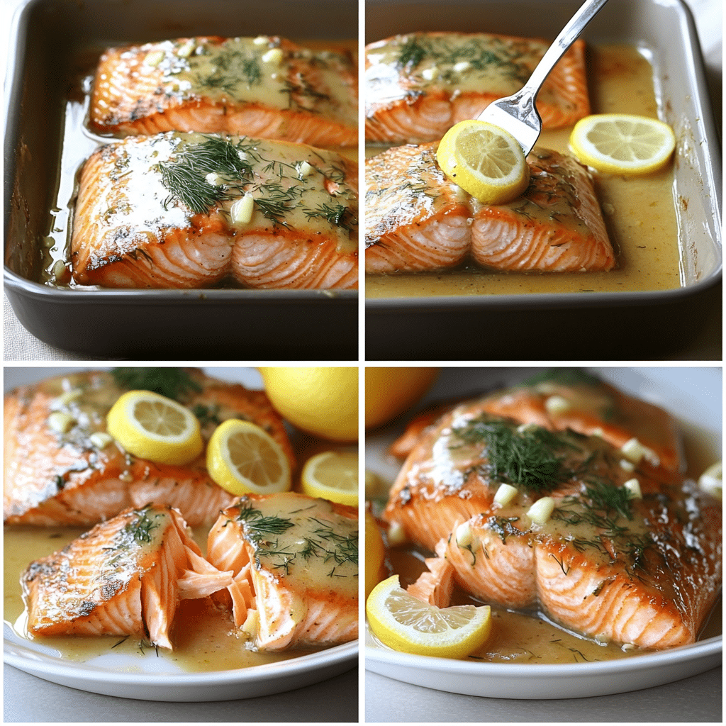 four panel collage showing steps to make baked salmon