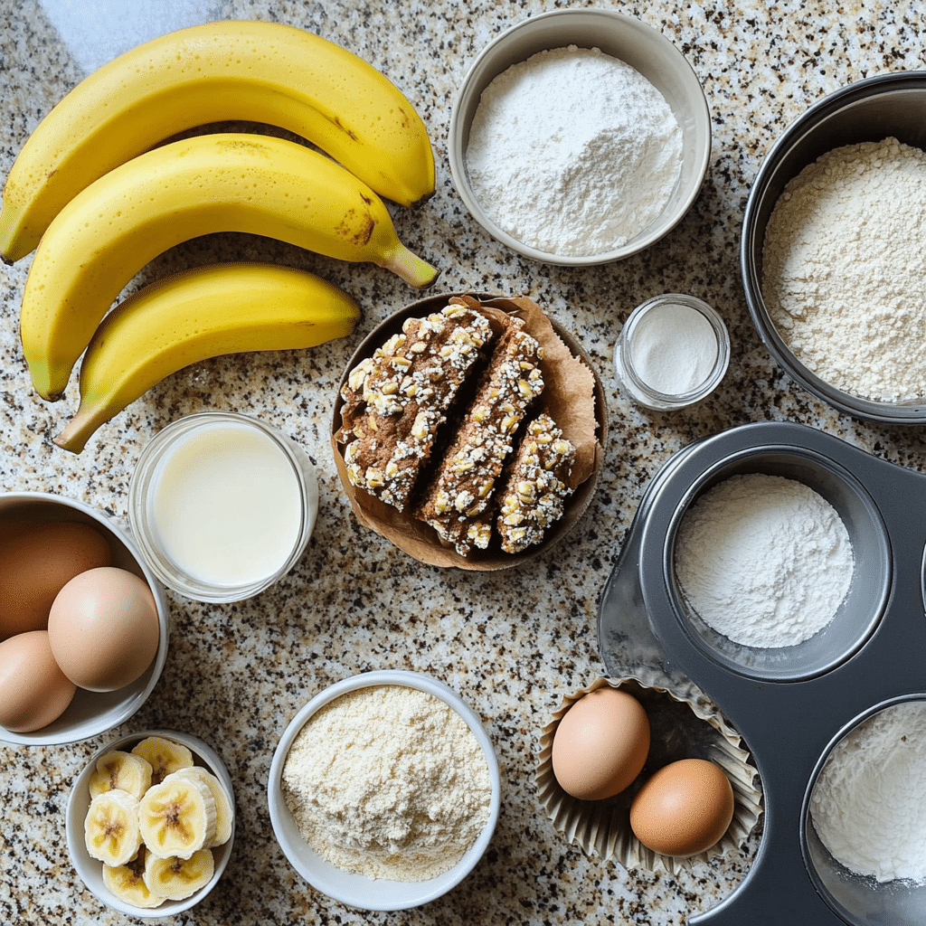 ingredients for banana bread muffins including ripe bananas flour sugars eggs butter milk and spices
