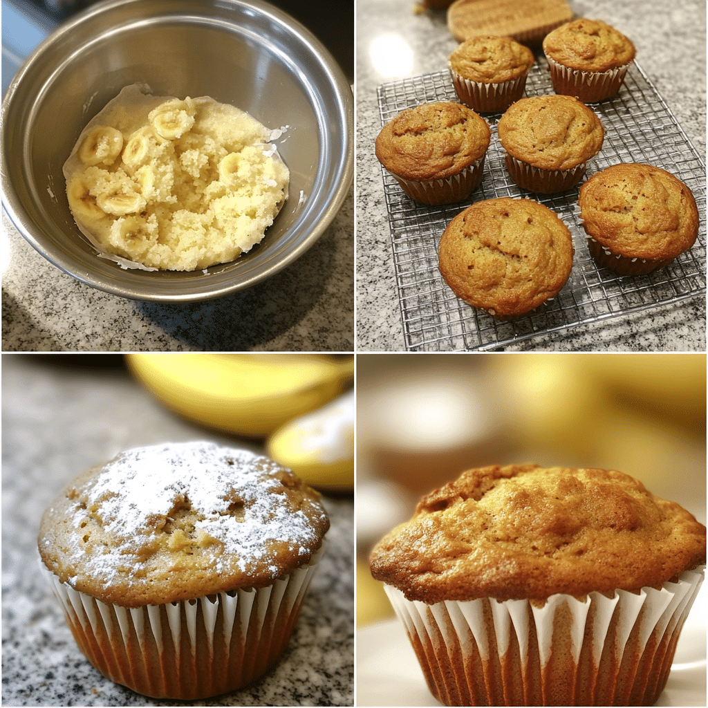 four panel collage showing steps to make banana bread muffins