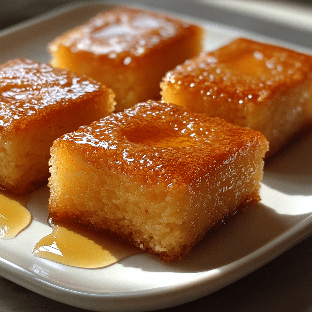 Close-up of basbousa semolina cake with golden crust and syrup drizzle